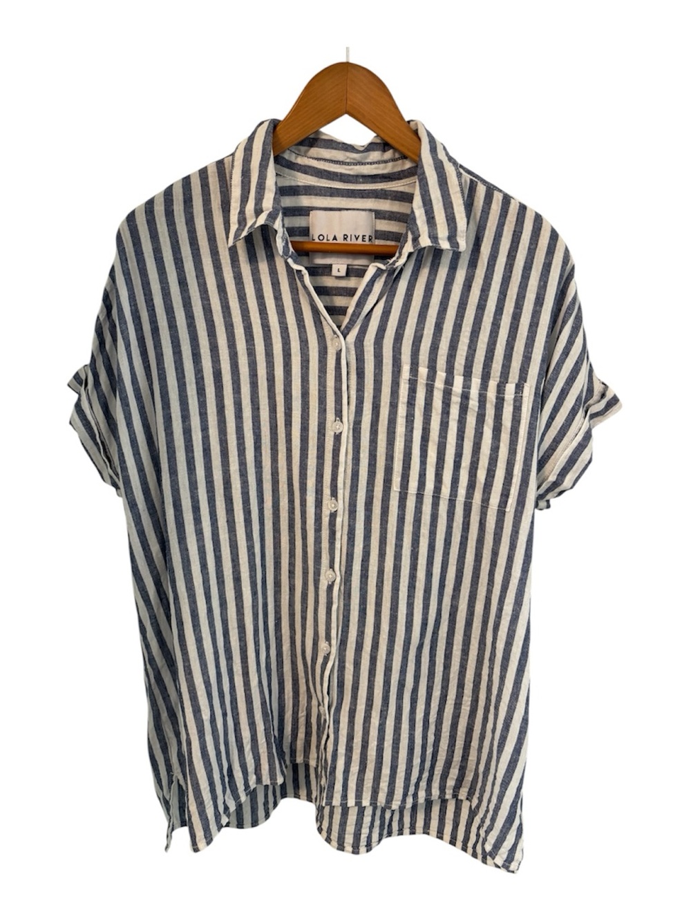 Lola River Women's Striped Button-Up Shirt Blue/White, Short Sleeve, Collared, L
